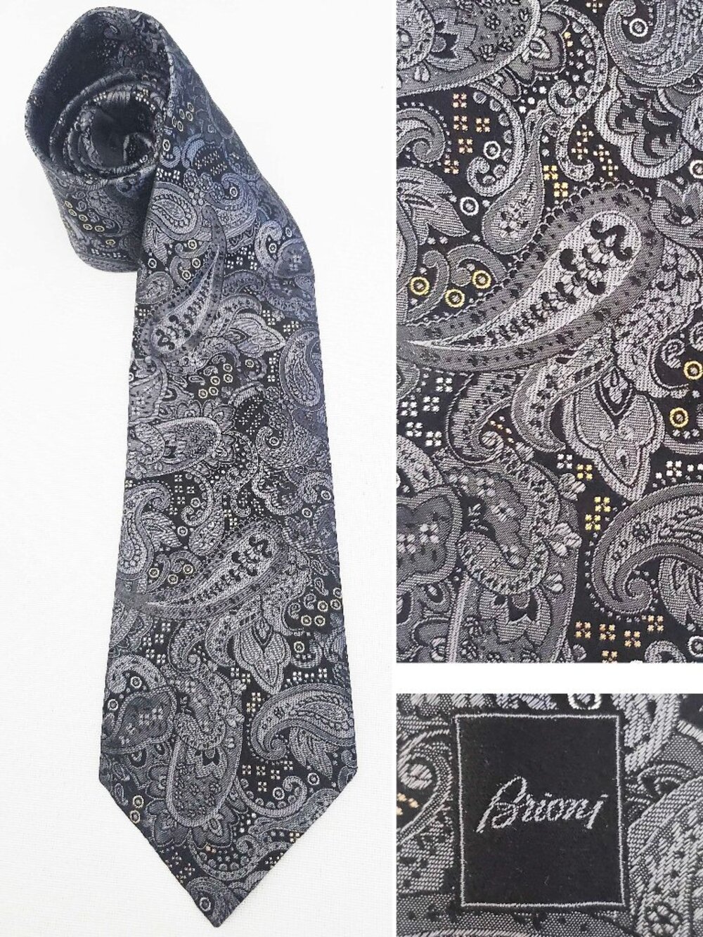 Brioni Men's Jaxaurd Paisley Silk Tie Black Silver Gray Gold DIS. 2F538 Italy